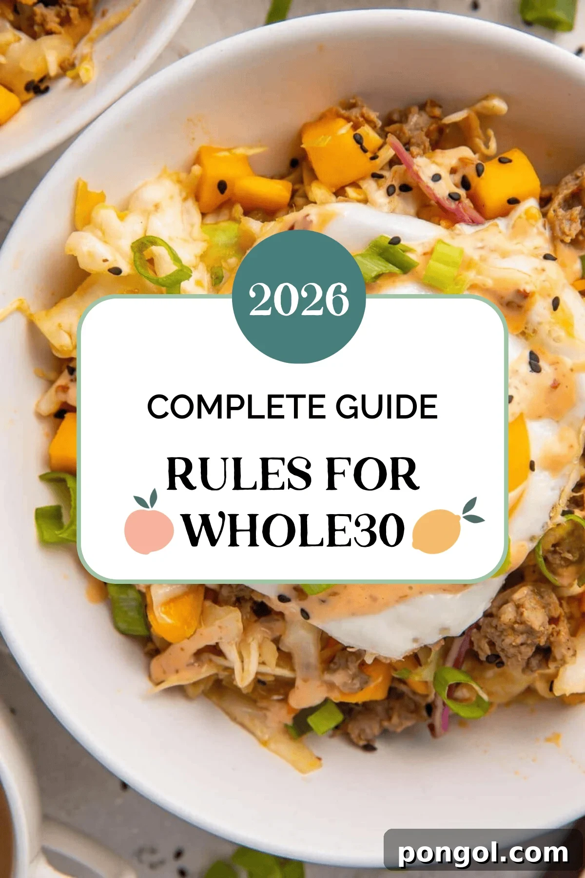 Ultimate Whole30 Rules Guide for 2026 2 Overhead view of a Whole30 bowl with ground meat, fried egg, mango, cabbage, and green onions. A vibrant, healthy meal example for the Whole30 diet.