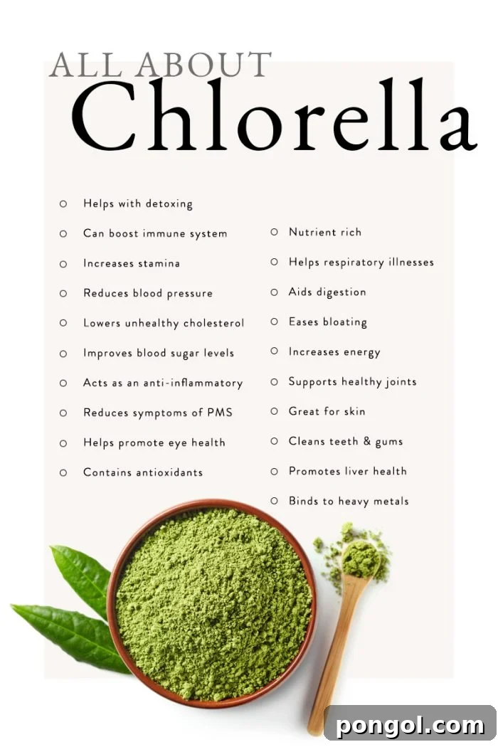 Chlorella: The Definitive Resource 3 Infographic displaying various health benefits of chlorella, including detox, immune boost, stamina, and support for blood pressure, cholesterol, and blood sugar.