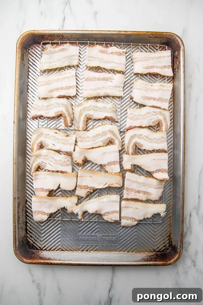 Keto Bacon Crunch 3 A close-up of crispy bacon chips neatly arranged on a white platter, ready for serving.