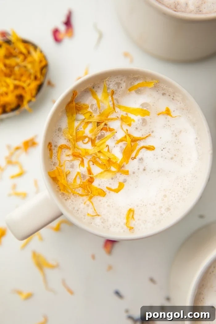 Plain vanilla moon milk in a white mug, garnished with a sprinkle of spices.