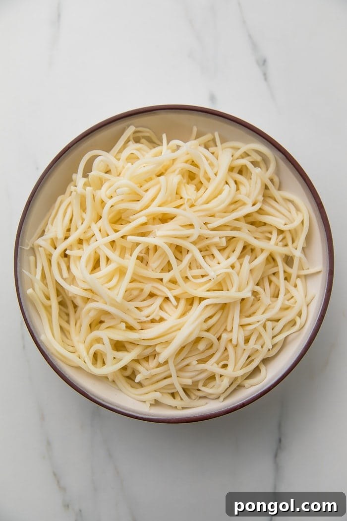 A close-up view of a perfectly prepared bowl of Palmini noodles, showcasing their inviting texture and readiness to be enjoyed with any sauce.