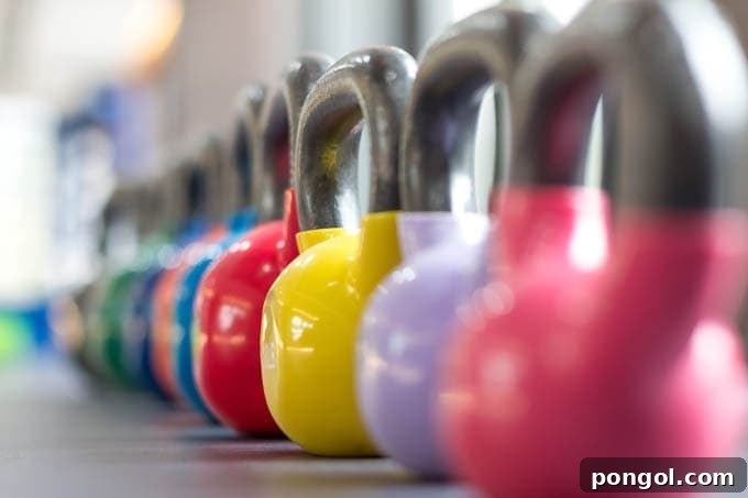 colorful row of kettlebells 