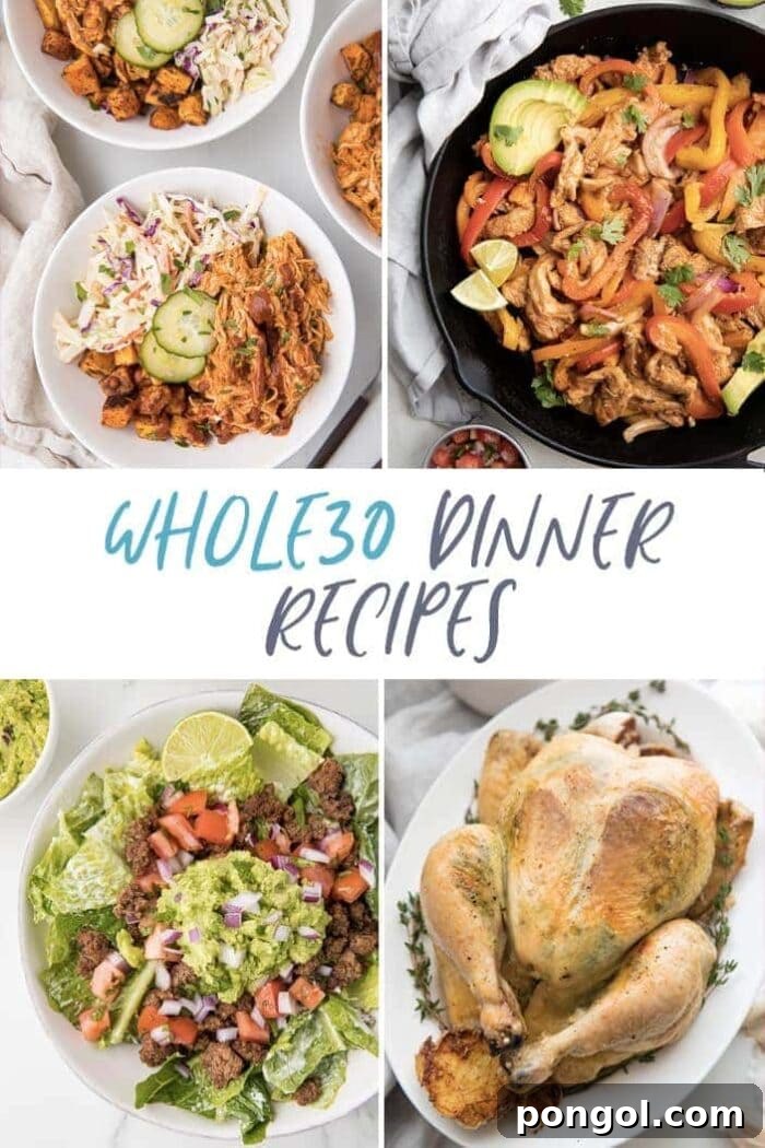 Flavorful Whole30 Dinner Ideas 2 Four delicious and healthy Whole30 compliant dinners displayed together, showcasing a variety of textures and colors.