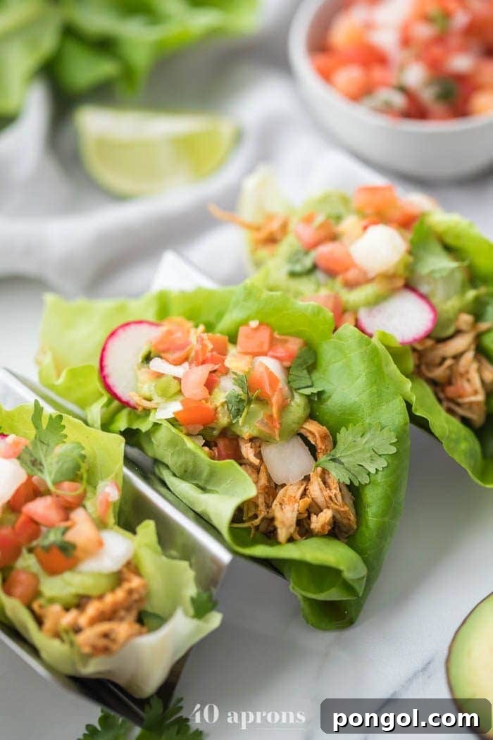 Flavorful Whole30 Dinner Ideas 14 Three paleo chicken tacos in lettuce wraps, topped with avocado crema, pico de gallo, and radishes, held in a taco stand.