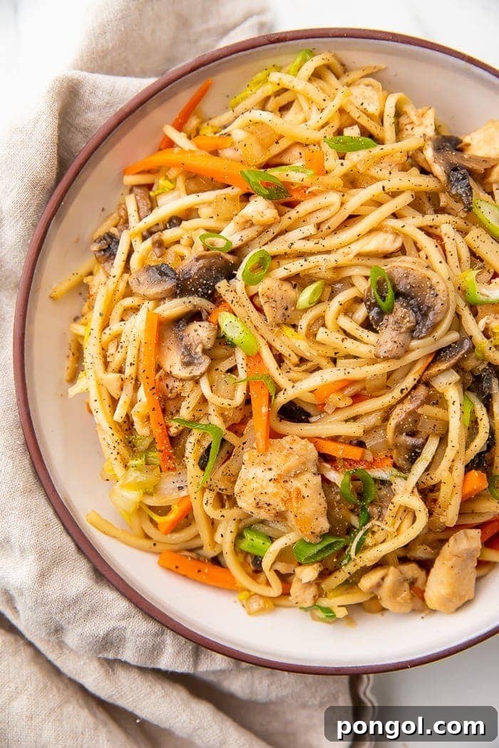 Overhead photo of a bowl of Whole30 chicken lo mein