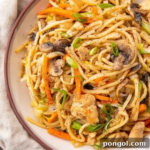 Overhead photo of a bowl of Whole30 chicken lo mein