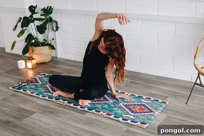 Healthy Habits for Home Life 3 Woman doing yoga gracefully indoors, symbolizing wellness and fitness at home.
