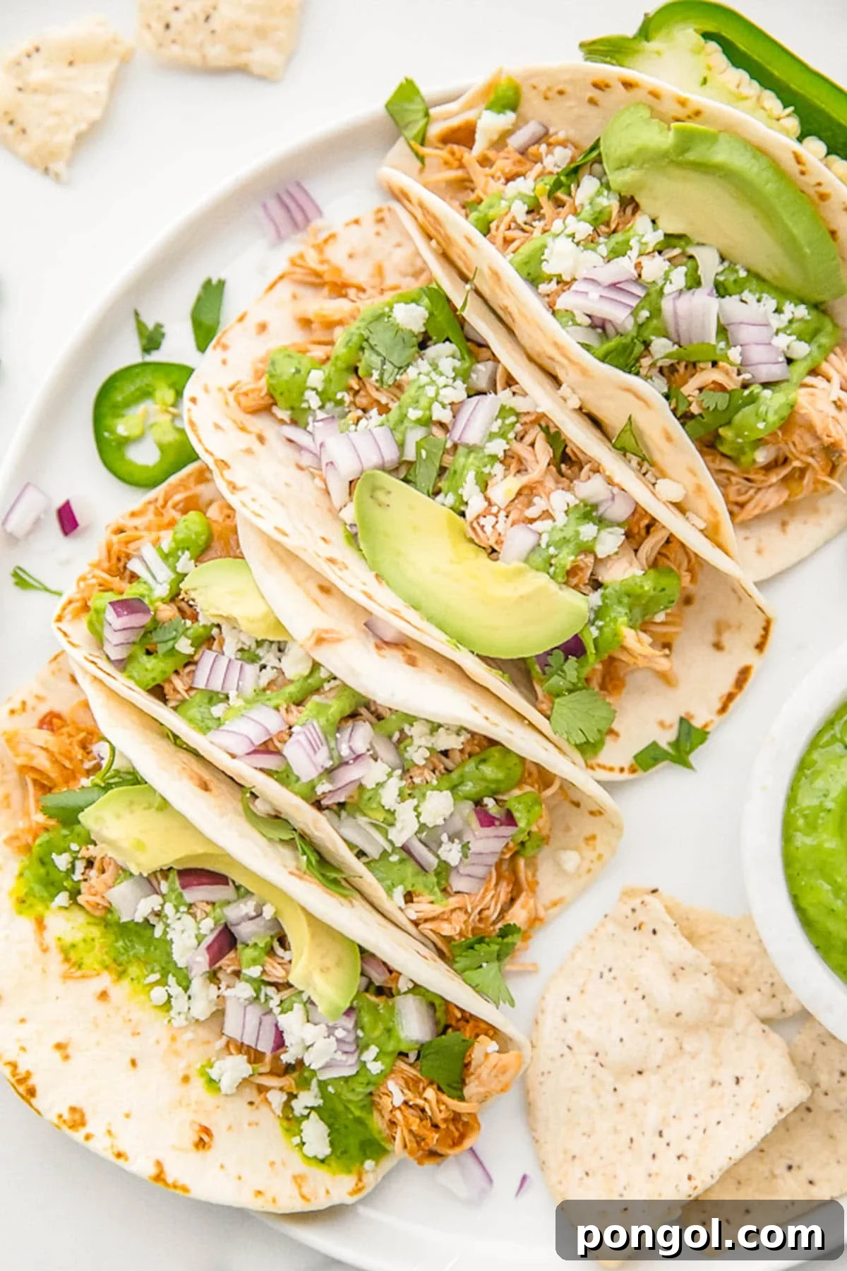 Crockpot chicken tacos arranged on a white plate. The tacos are topped with diced red onion, slices of avocado, and crumbled cheese.