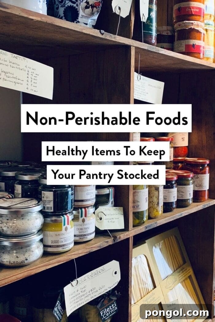 A well-organized pantry filled with diverse non-perishable foods, featuring various grains, canned goods, and dried items. This image highlights the importance of stocking long shelf life foods for daily cooking and emergency preparedness.