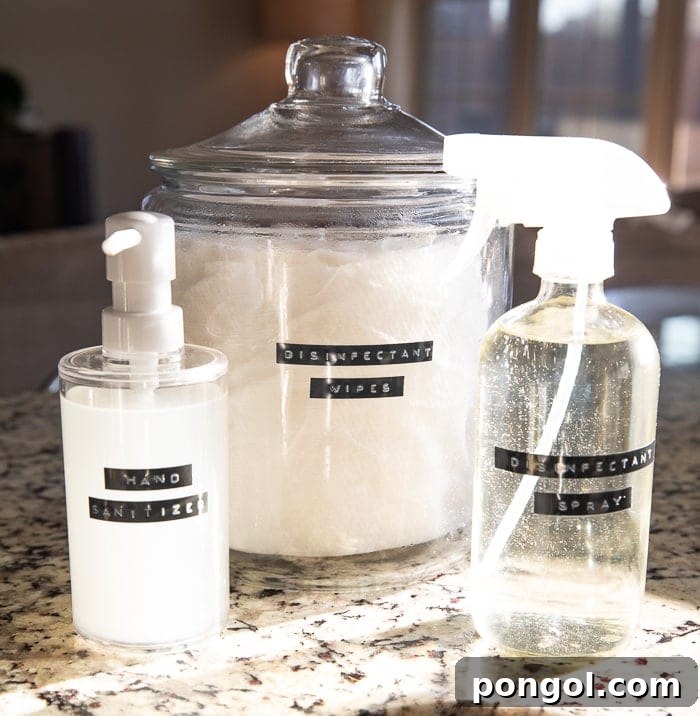 Disinfectant wipes, spray, and hand sanitizer