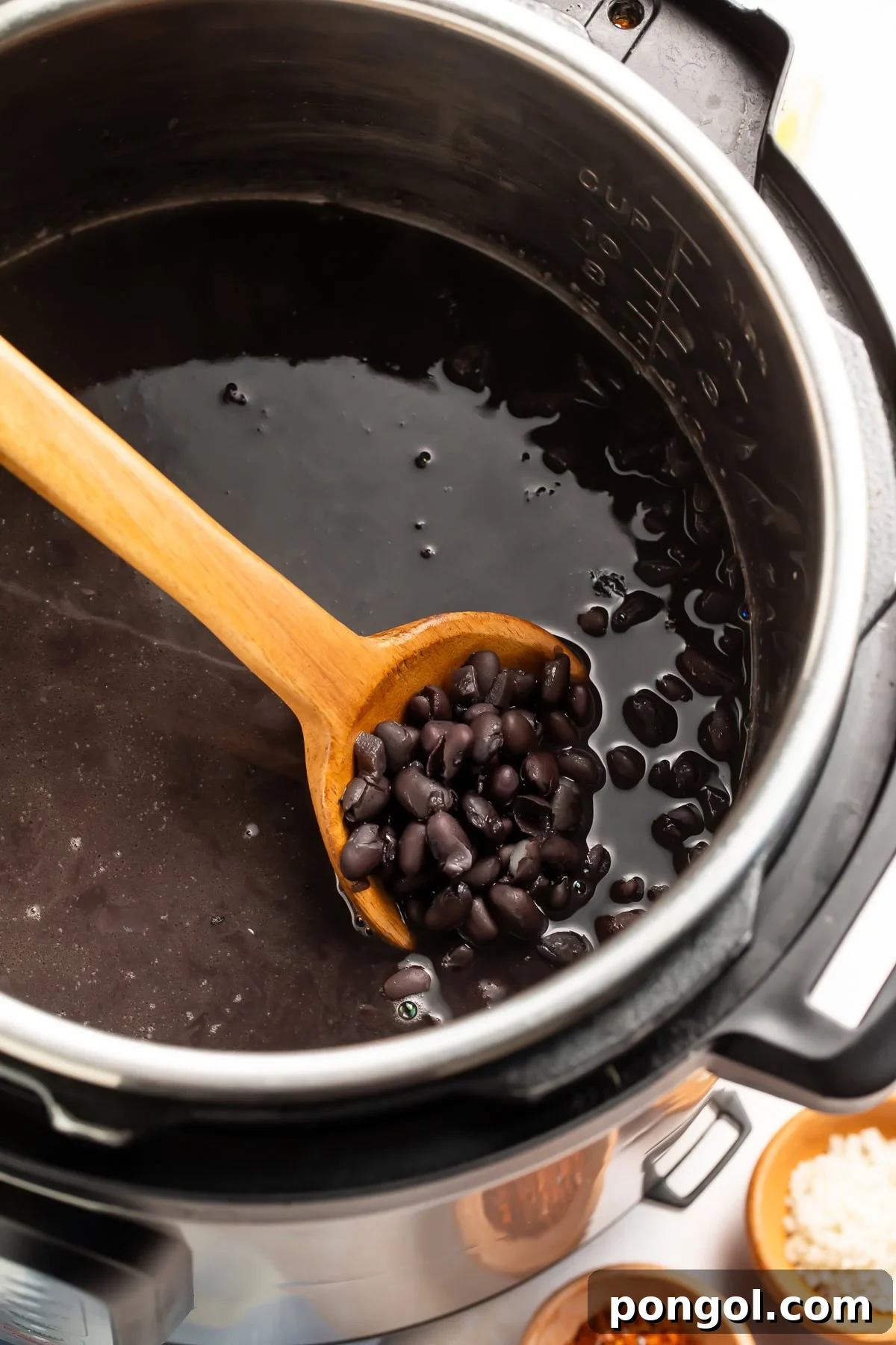 Instant Pot Black Beans, seasoned and ready to eat, served in a terracotta bowl with lime wedges and spices