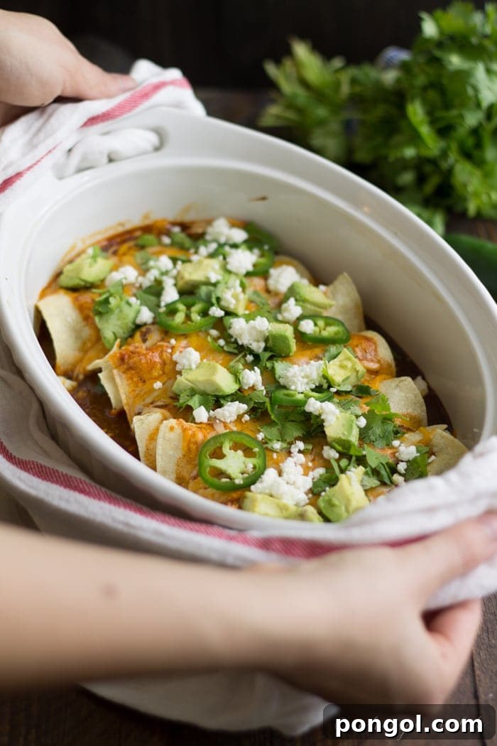 A dish of bubbling vegetarian enchiladas with goat cheese, generously covered in sauce and melted cheese, ready to be served as a flavorful weeknight favorite.