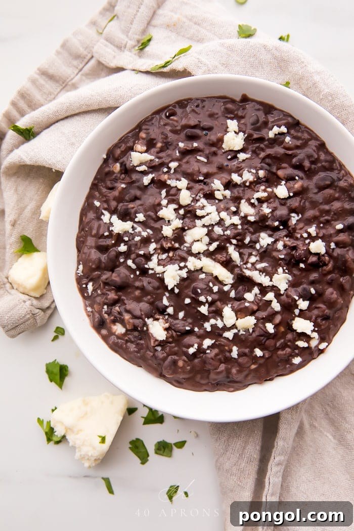 A close-up shot of creamy refried black beans, rich in flavor and perfectly textured, ideal as a side dish for any Mexican or Tex-Mex meal.