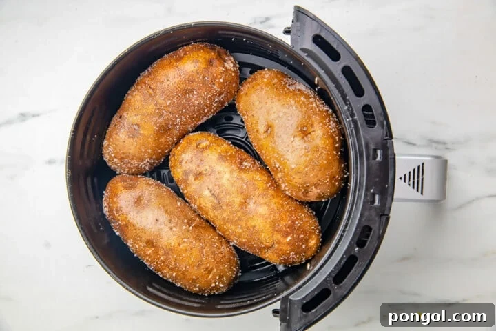 Salt-crusted russet potatoes in a small black air fryer basket.