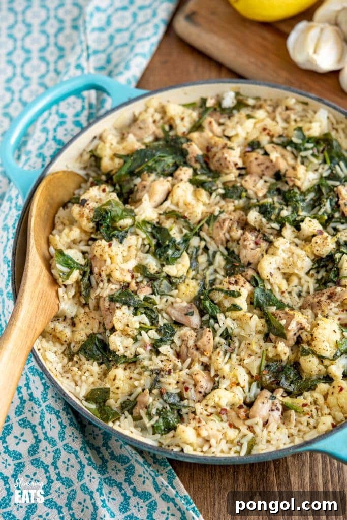 A vibrant one-pot lemon garlic chicken rice dish, garnished with fresh herbs, offering a complete and flavorful meal.