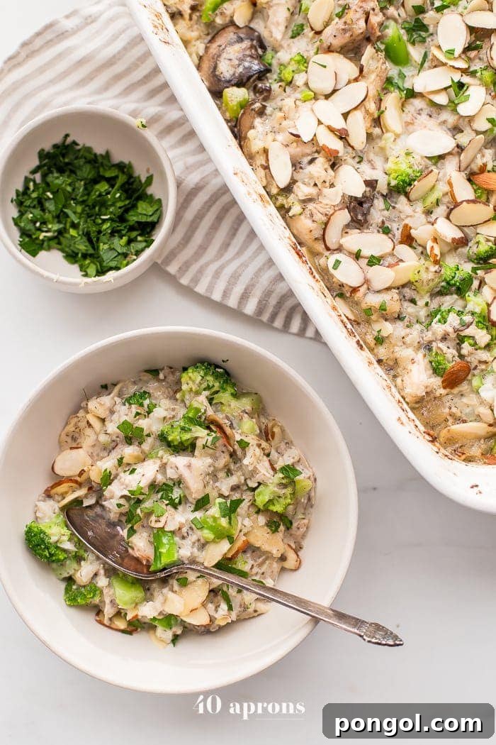 A wholesome Whole30 casserole with chicken, broccoli, rice, and mushrooms, presenting a paleo and gluten-free option for a healthy meal.