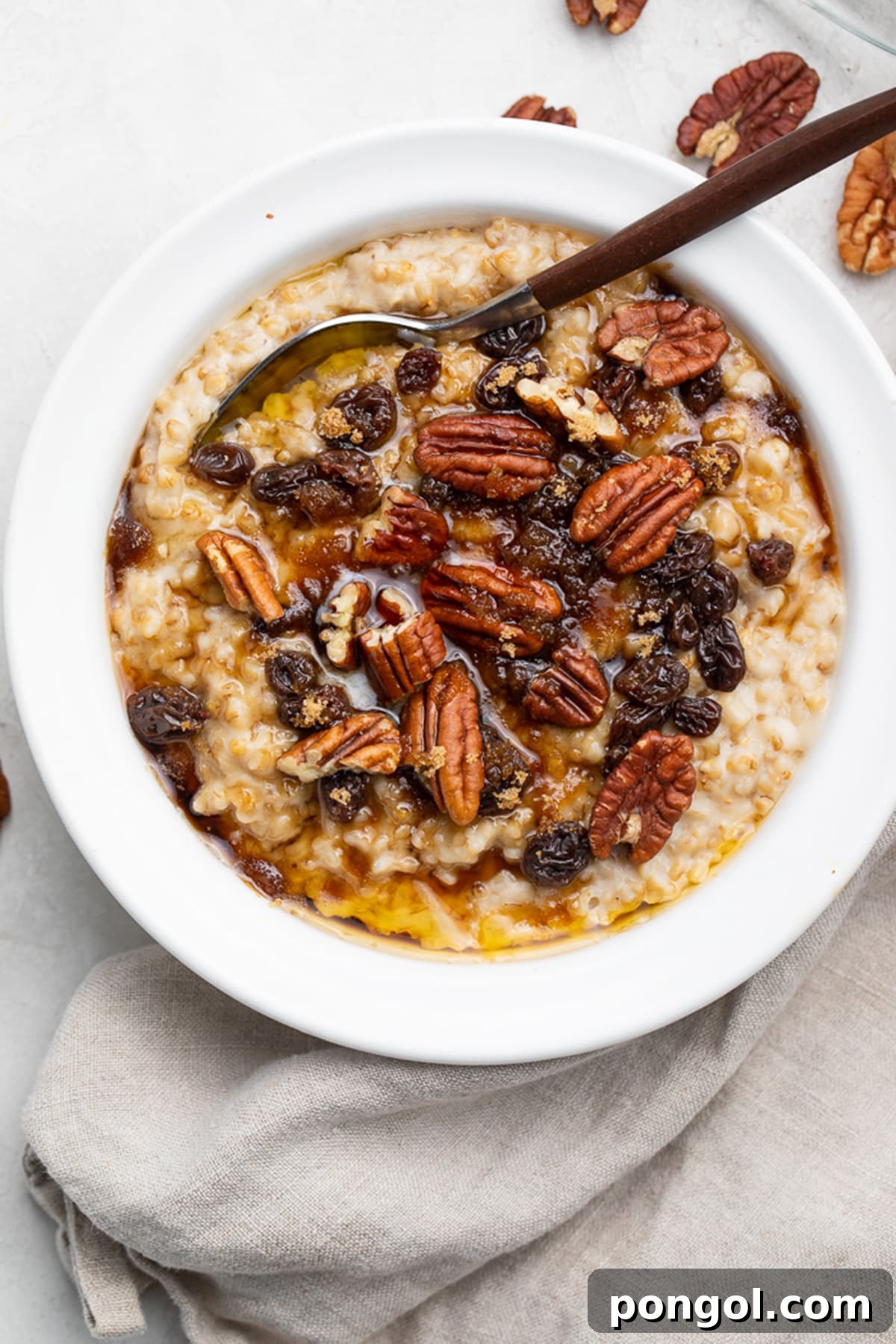 A second view of the delicious Instant Pot steel cut oats, still adorned with crunchy pecans and juicy raisins, highlighting its inviting creamy texture in a stylish bowl.
