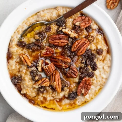 A bowl of Instant Pot steel cut oats topped with pecans and raisins, ready for a delicious breakfast.