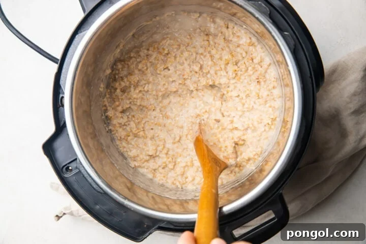 Perfectly cooked steel cut oats stirred in an Instant Pot, showing their creamy texture.
