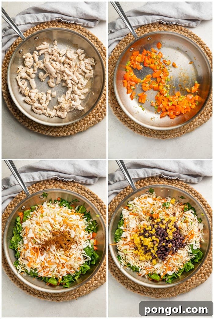 Step-by-step visual instructions showing the preparation of Southwestern egg roll in a bowl, from cooking chicken to combining vegetables.