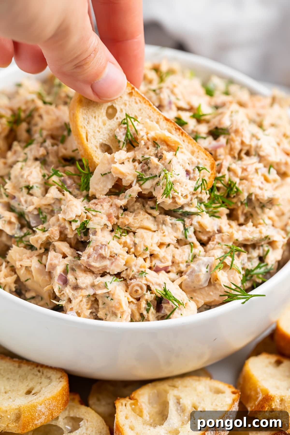 Simple Salmon Salad 2 A woman's hand holding a crostini used to scoop salmon salad out of a large bowl, showcasing its creamy texture and fresh dill.