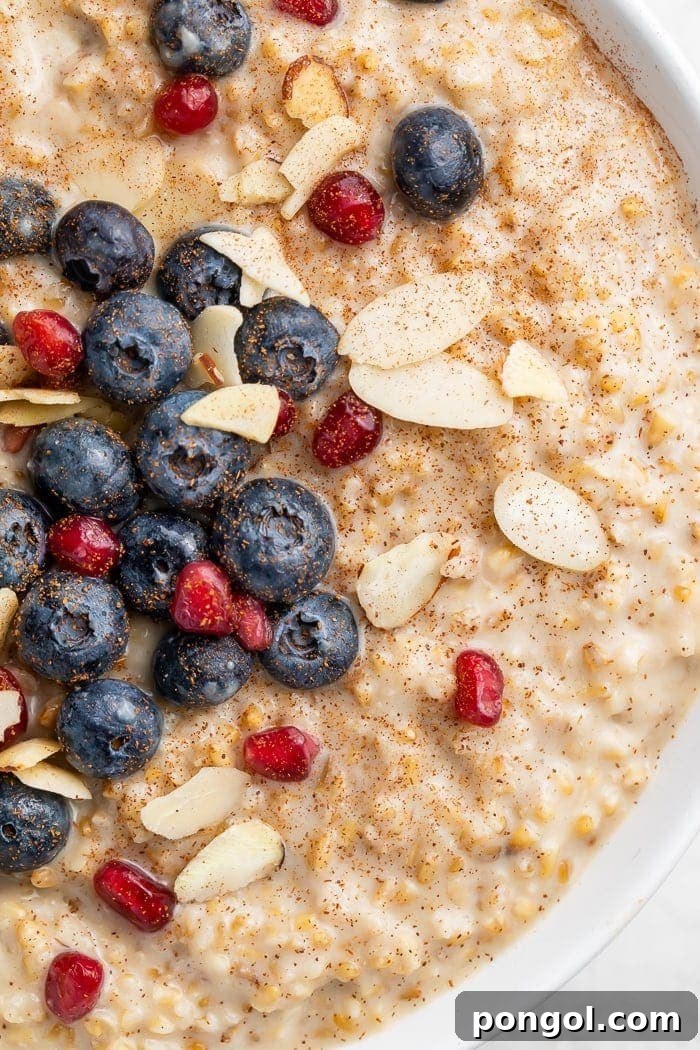 Creamy Overnight Steel Cut Oats 2 A beautifully arranged bowl of overnight steel cut oats, topped with fresh berries, nuts, and a drizzle of maple syrup, ready to be enjoyed as a perfect, sweet breakfast.