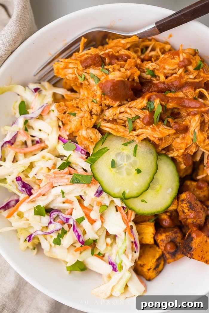 27 Sweet Potato Delights 5 Healthy Whole30 BBQ Chicken Bowls with roasted sweet potatoes and coleslaw
