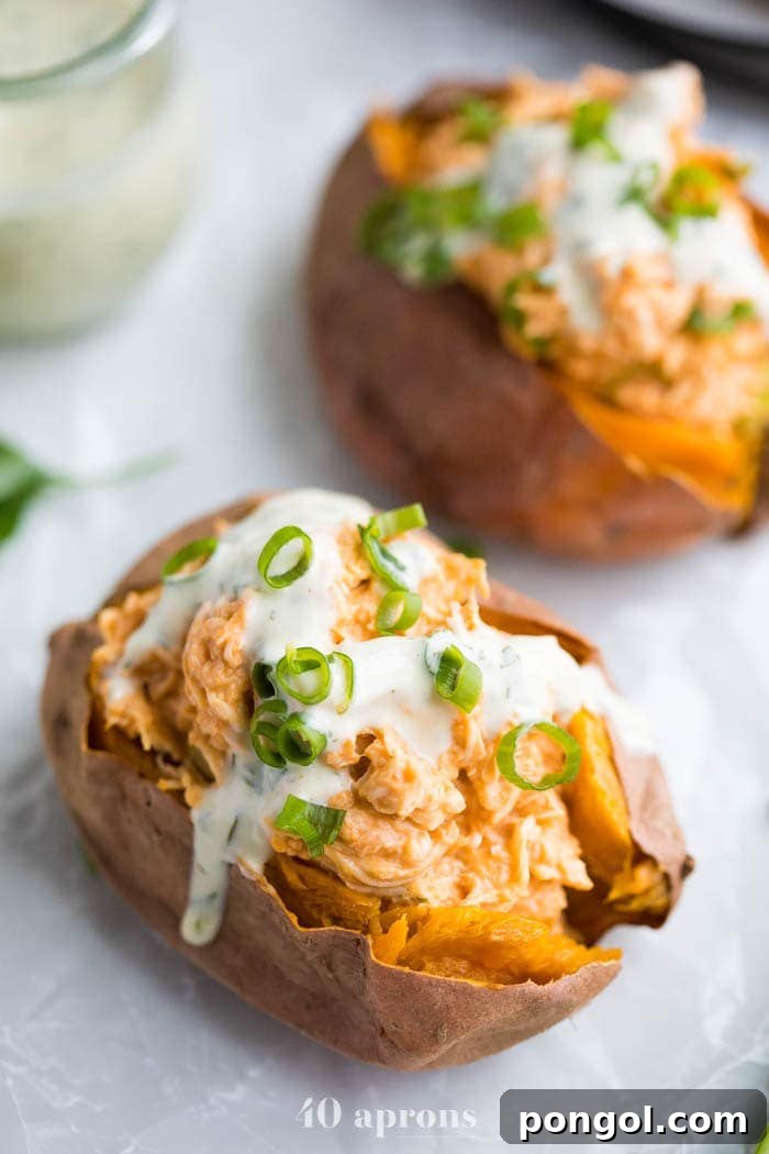 27 Sweet Potato Delights 9 Creamy Buffalo Chicken Stuffed Sweet Potatoes with ranch dressing, Whole30 and Paleo