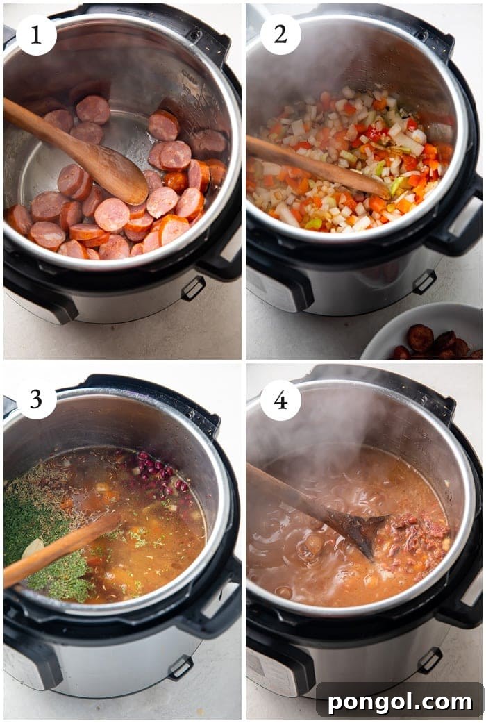 Step-by-step cooking instructions for Instant Pot Red Beans and Rice are visually represented.