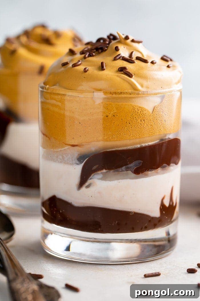 Glasses of elegant whipped coffee sundaes with hot fudge and sprinkles, ready to be enjoyed.