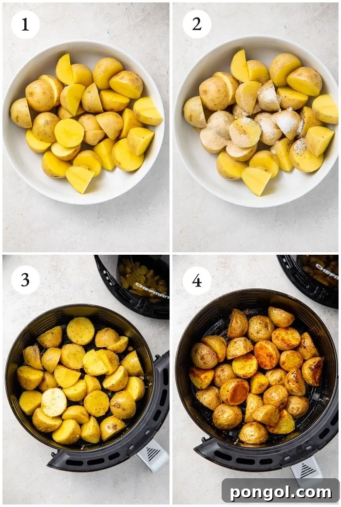 Close-up image showing instructions and crispy air fryer potatoes in a basket.