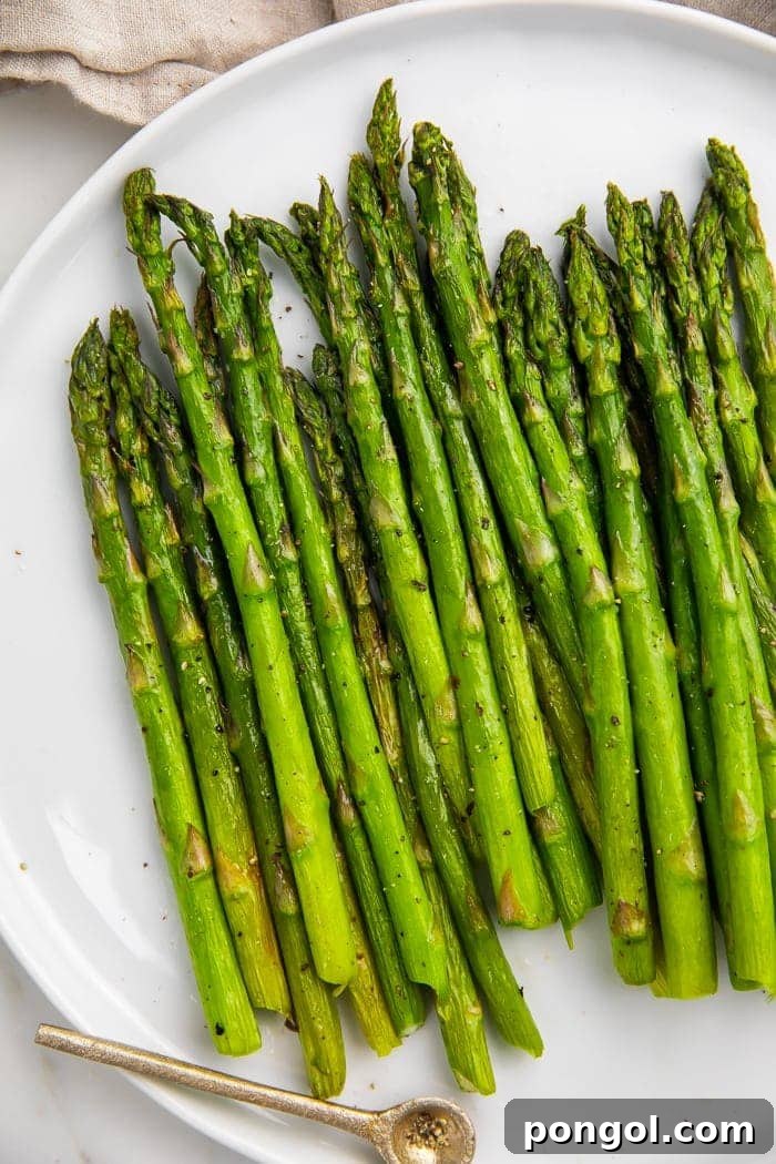 Freshly cooked air fryer asparagus with crispy ends