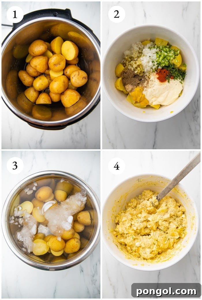 Close-up of freshly cooked potatoes in an Instant Pot, ready for peeling and mixing into salad