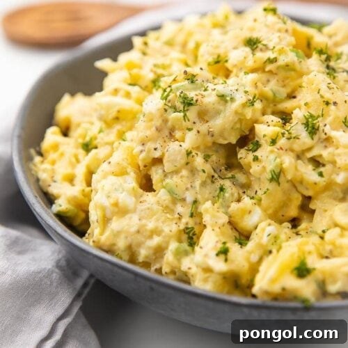 A beautifully presented bowl of creamy Instant Pot Potato Salad, garnished with fresh dill.