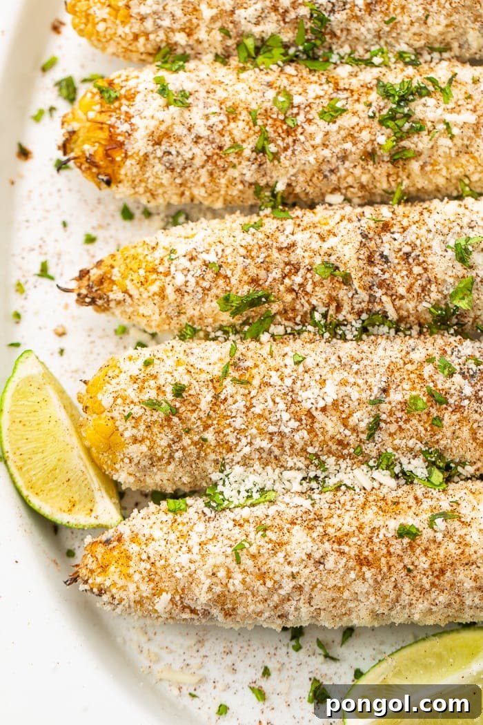 Close-up of Elote, showing the detailed texture of cheese and spices.