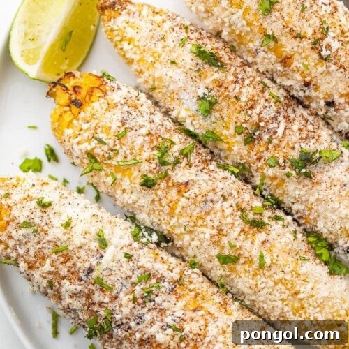 A beautifully presented ear of Elote on a rustic plate.