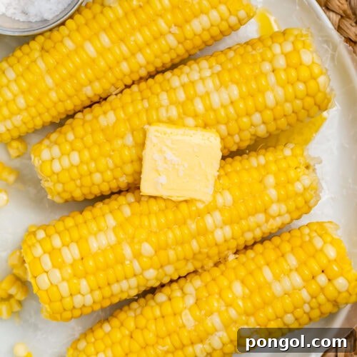 Perfectly Boiled Corn on the Cob 5 4 ears of boiled corn on the cob laying on a white oval platter on a woven placemat.