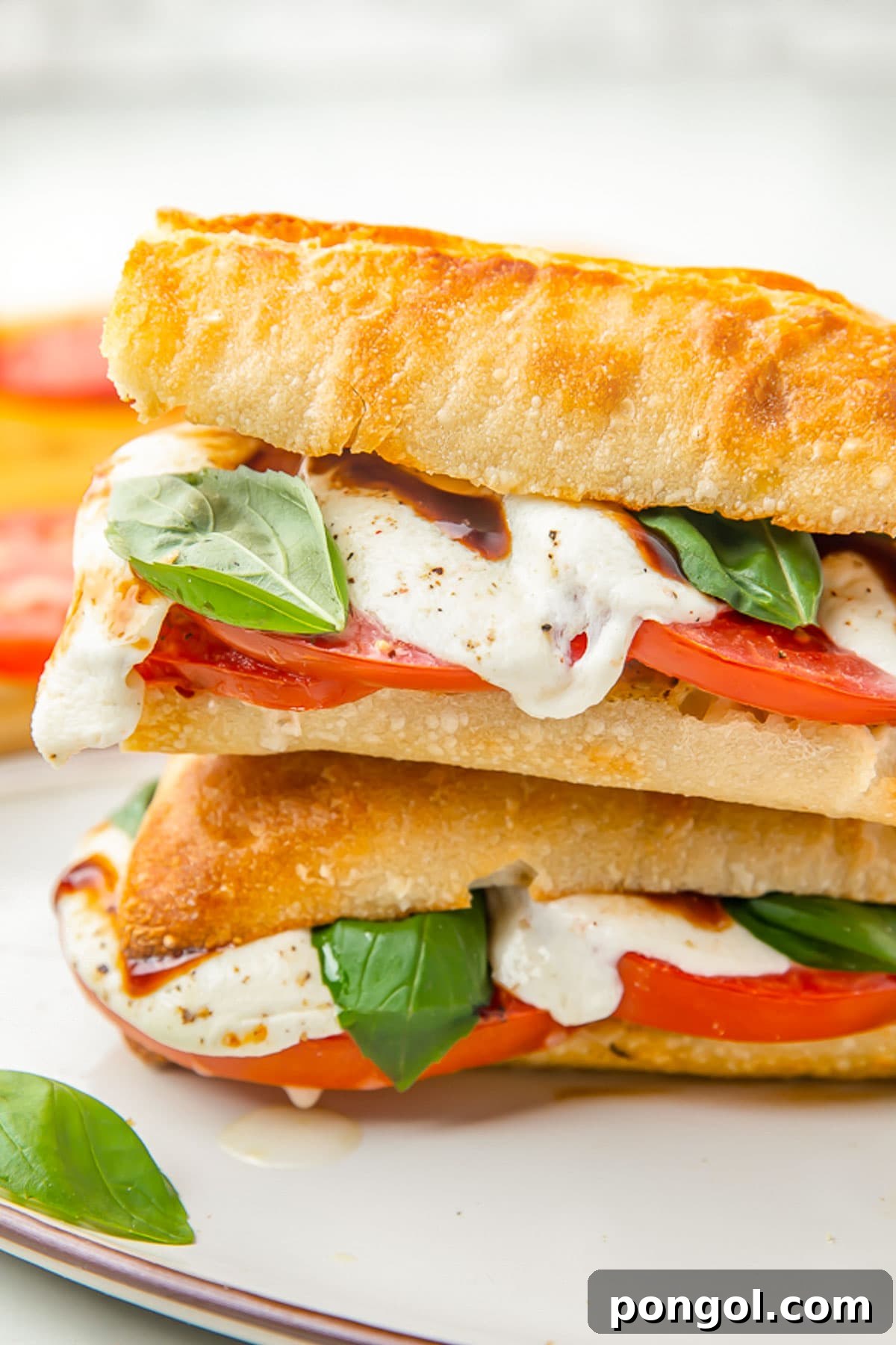 Two halves of a Caprese sandwich stacked on top of each other, showcasing the melted mozzarella and bright red tomato layers.