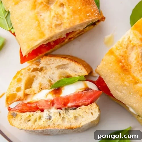 A cross section of a Caprese sandwich, stood upright on one end to show the inside of the sandwich.