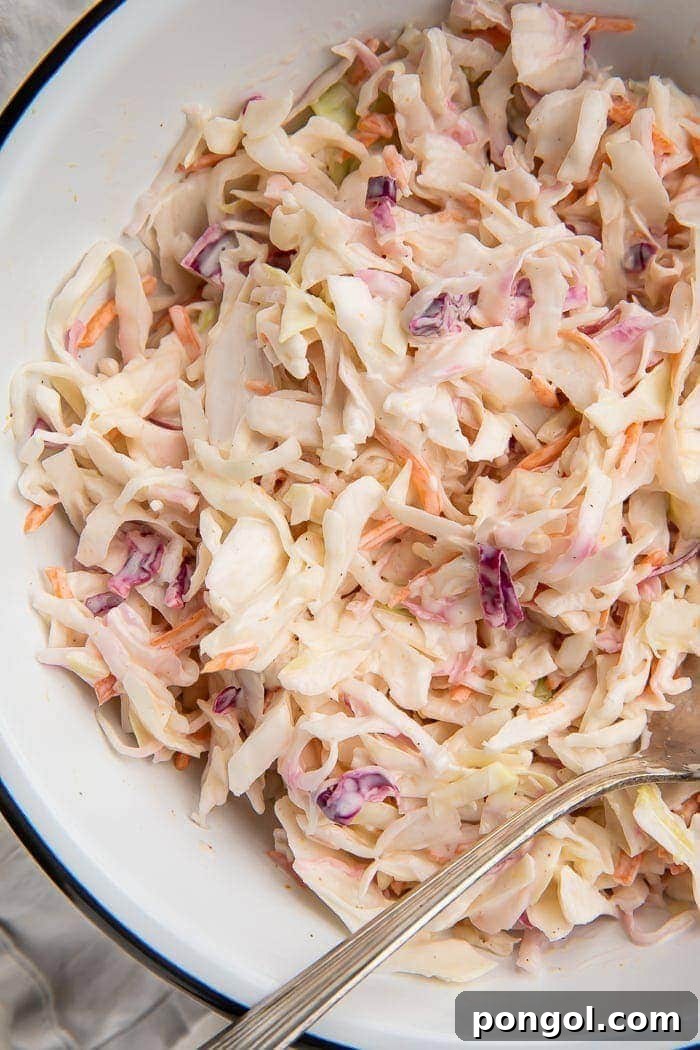 Keto coleslaw in a bowl, a creamy, crunchy, and lightly sweet low-carb side dish perfect for BBQ and summer meals.