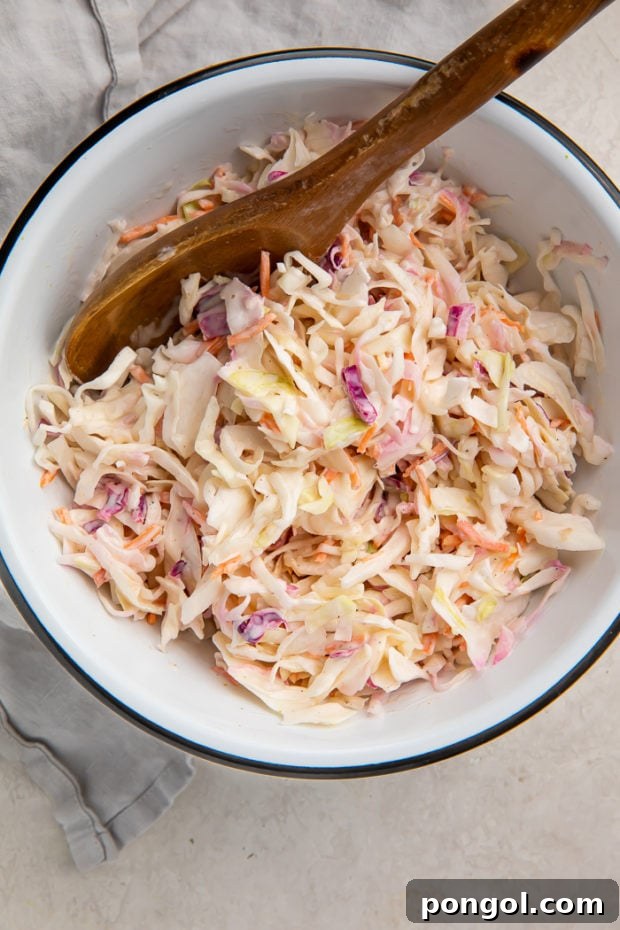 Adding coleslaw mix to the prepared dressing and stirring gently.