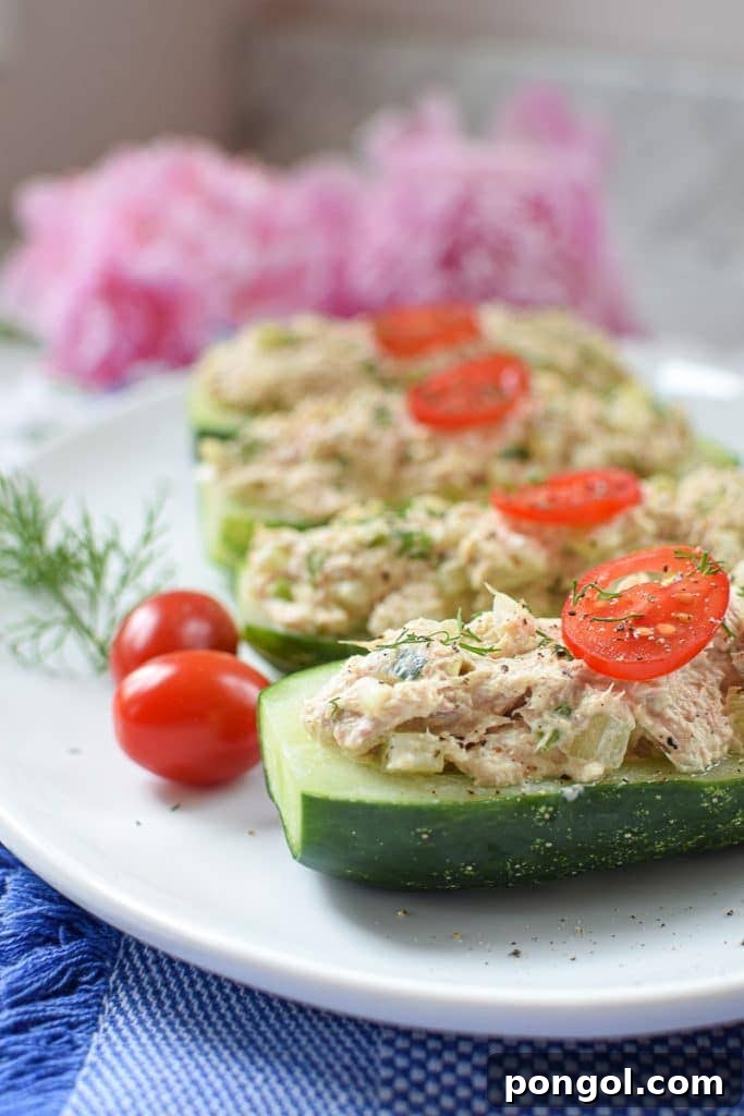 Tuna Salad Cucumber Boats, a healthy and refreshing snack or appetizer.