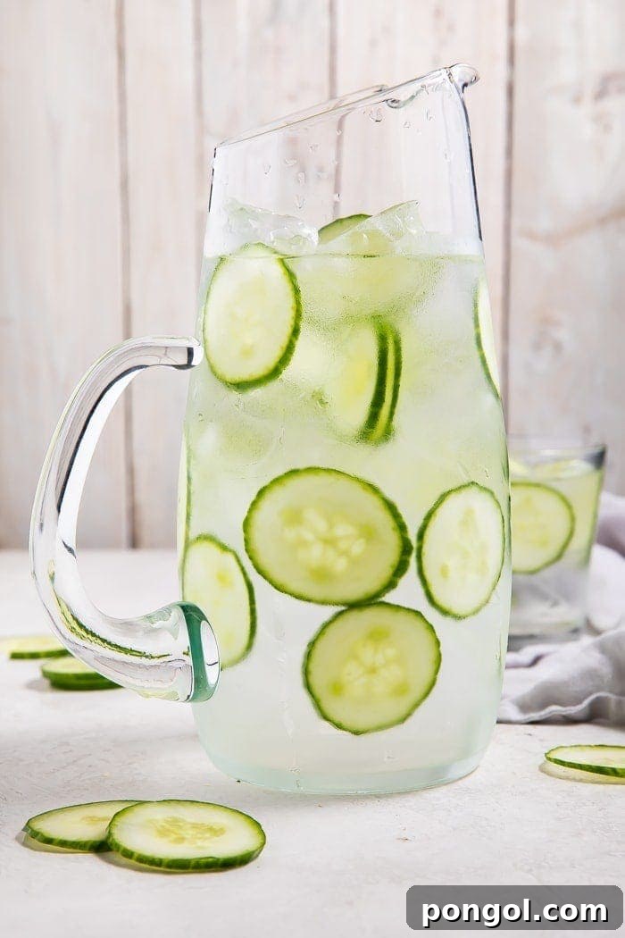 A simple yet elegant pitcher holding clear cucumber water with fresh cucumber slices, inviting a sense of calm and hydration.