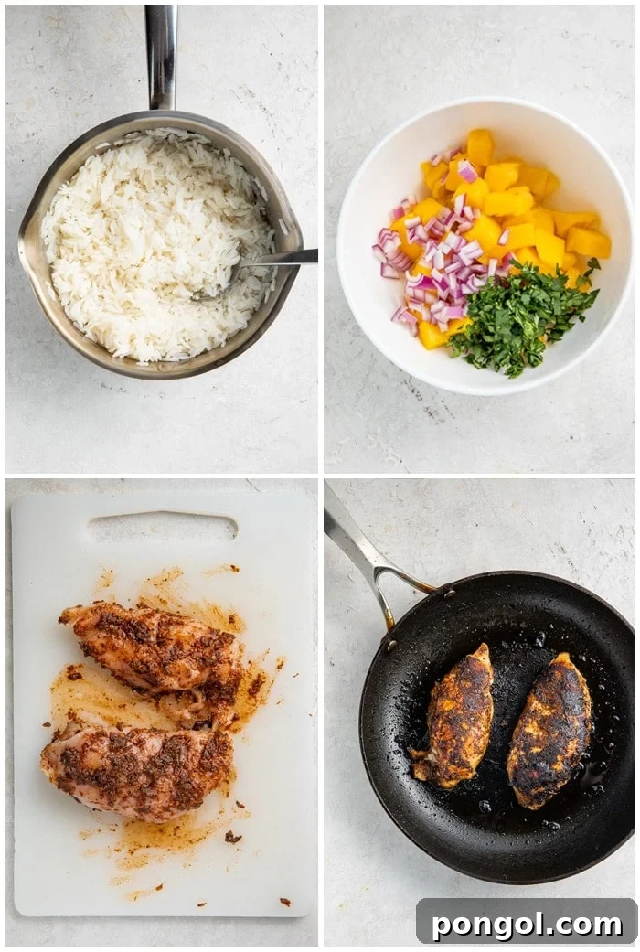 Step-by-step instructions for preparing jerk chicken bowls, showing ingredients, cooking rice, and preparing chicken.