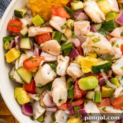 Vibrant Citrus Shrimp Ceviche 4 Overhead view of a bowl of easy shrimp ceviche with chunks of shrimp, red onion, cucumber, avocado, and tomatoes.