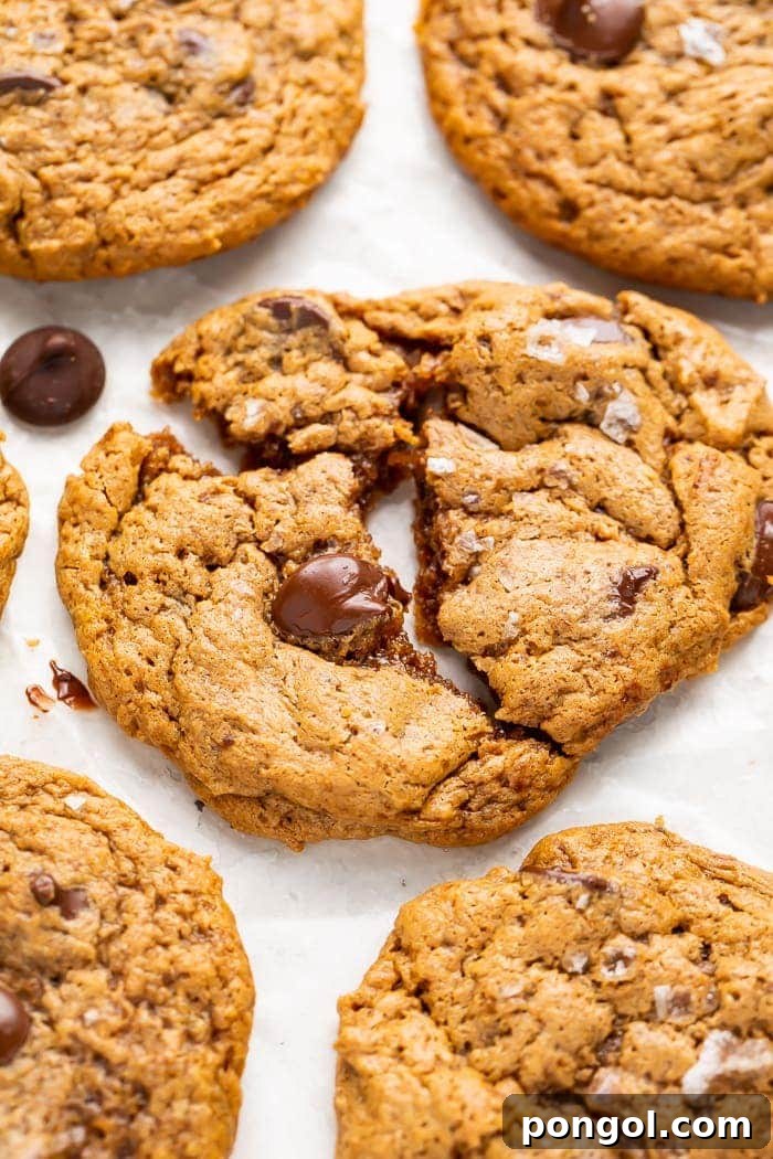 Paleo chocolate chip cookie with gooey chocolate chips broken in half, showcasing its soft interior and melted chocolate. A perfect healthy and gluten-free dessert.