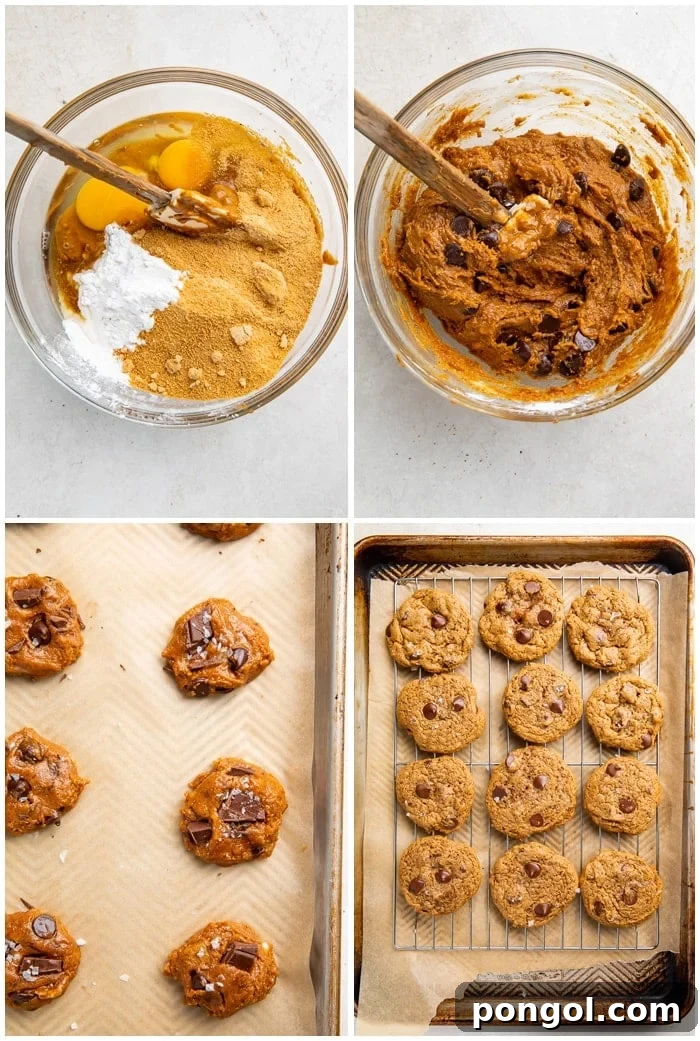 Step-by-step instructions for making paleo chocolate chip cookies, showing dough mixing, chocolate folding, and baking preparation.