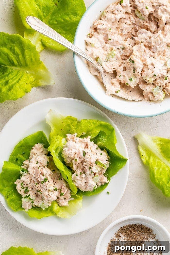 Two fresh lettuce leaves filled with creamy keto tuna salad, garnished for a perfect low-carb lunch.