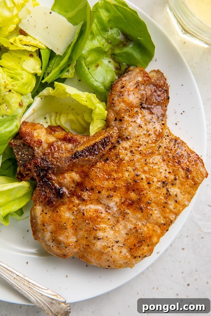 A perfectly cooked, golden-brown air fryer pork chop on a white plate, garnished with fresh green lettuce, ready to be served.