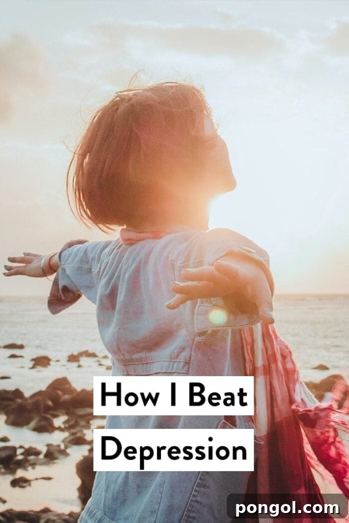 Finding My Light: A Natural Triumph Over Depression 2 Woman in a denim jacket standing by the ocean with her arms outstretched, embodying freedom and mental well-being.